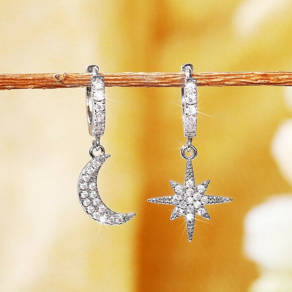 Jewelry - Chic 925 Silver One Star One Moon Diamond Drop Earrings